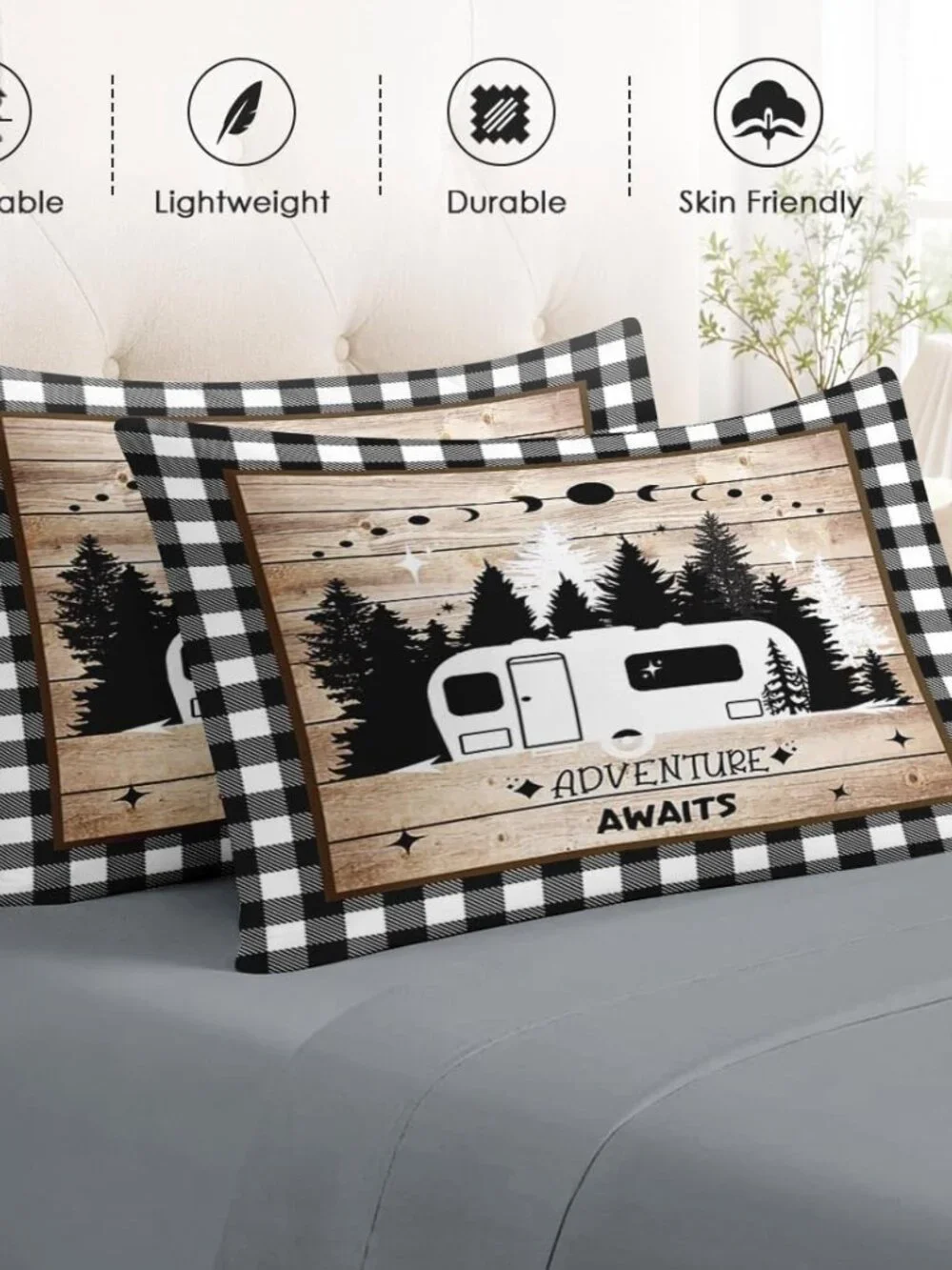 7 Pieces Comforter Set Full Size, Camping Camper Plaid Bedding Set with Fitted S